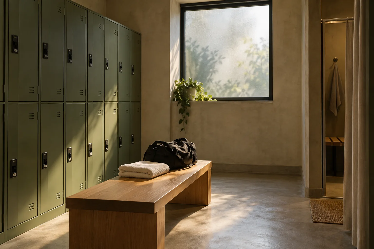 Generated concept: olive lockers, a bench, and a private changing cubicle in a quiet changing room.