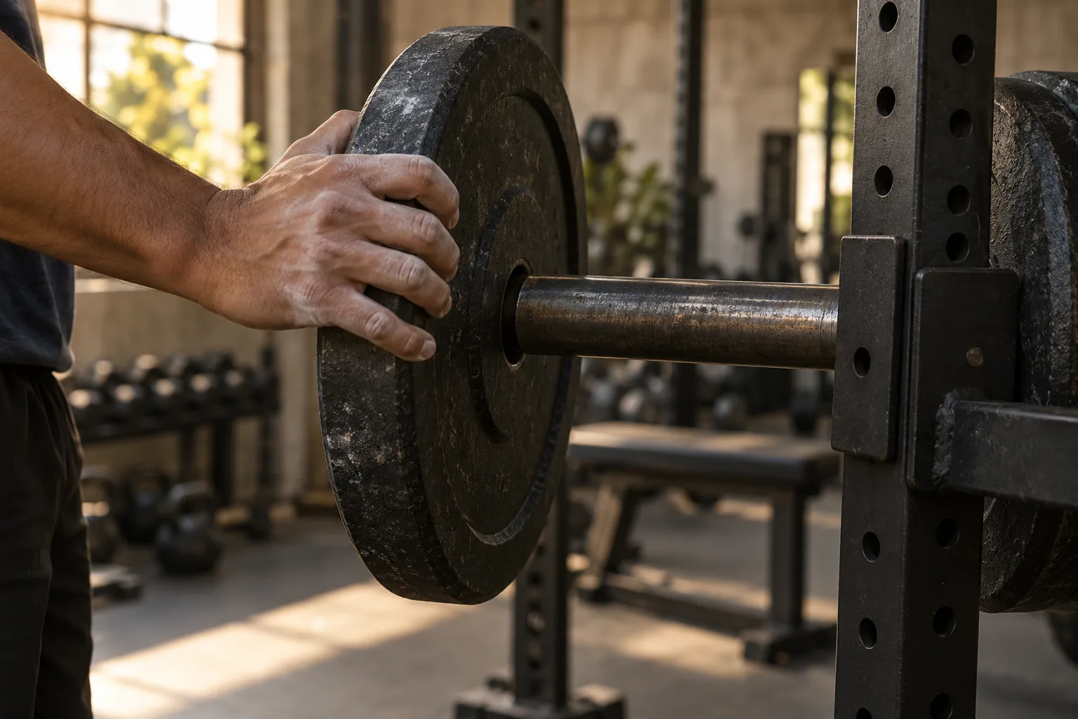 Concept photograph: a chalk-dusted hand adds a weight plate to a barbell.