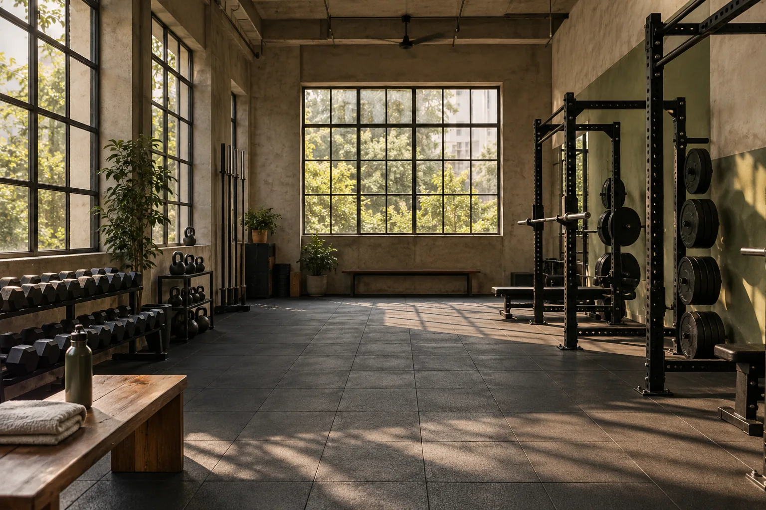 Generated concept: an open training floor with squat racks, rubber flooring, and tall windows.